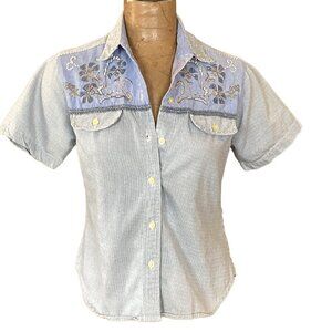 Vintage Bill Blass Button-Up Top Beaded Embroidered Striped Cotton S Blues 291B